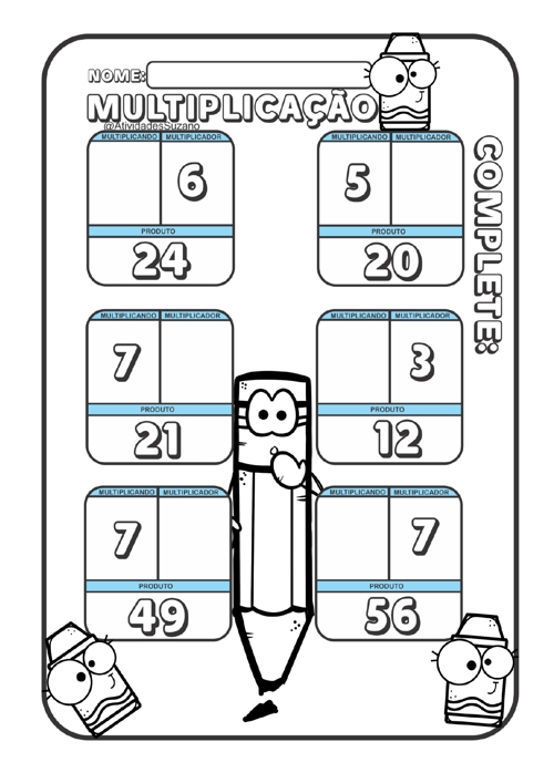 Contas de Multiplicação - 3º ano e 4º ano - Atividade de Matemática